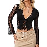 CSDAJIO Women's Sexy Lace Tie Open Front Sheer Mesh Long Sleeve Crop Top Going Out Shirt