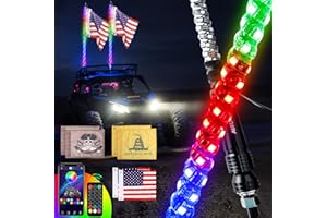 Whip Lights - Update AUTOOMMO 2Pcs 4FT Spiral RGB LED Chasing Whip Light with American Gadsden Skull Flags Remote and APP Control 300 Flash Patterns for UTV ATV Off-Road Truck Sand Buggy Dune