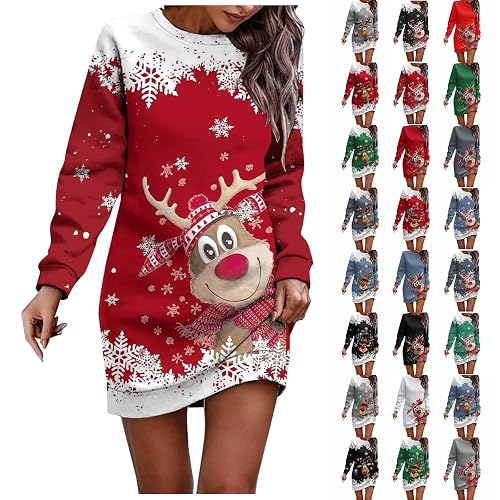 christmas jumpers for women Cute Reindeer Print longline sweatshirts for women Fashion Crew Neck xmas jumper dress Casual Long Sleeves christmas tops Lightweight Loose Fit pullover sweaters