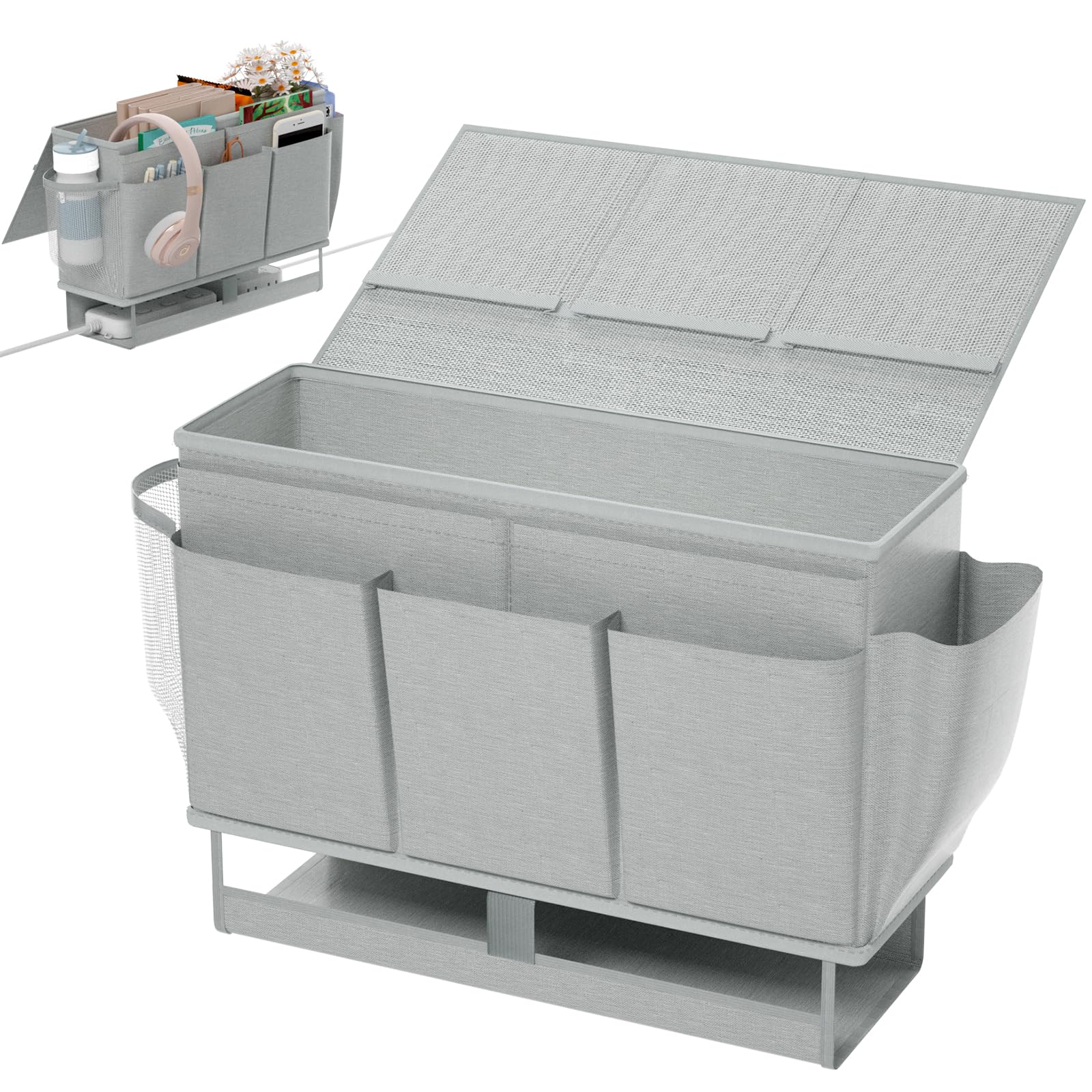 Photo 1 of Frjjthchy Bedside Caddy, Bed Organizer with 11 Pockets and Power Strip Holder,Versatile Bedside Storage Caddy for Home,Dorm,Bunk,Hospital,Crib Bed (Grey)