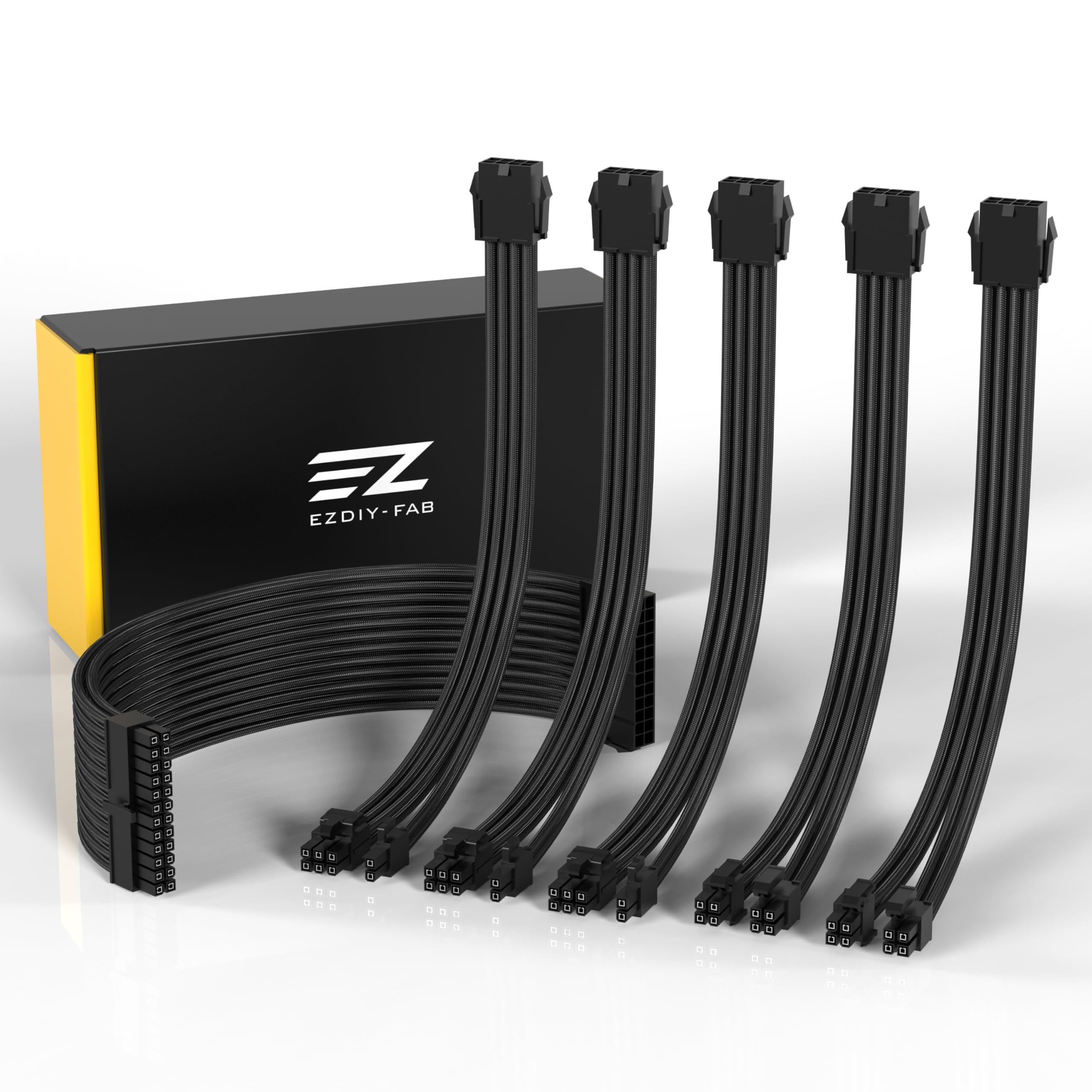 EZDIY-FAB PSU Cable Extension Sleeved Custom Mod GPU PC Power Supply Soft Nylon Braided with Comb Kit 24PIN/3x 8PIN to 6+2Pin/ 2X 8PIN to 4+4PIN-300MM/11.8in - Black