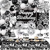 Miidenks 28th Birthday Decorations Set for Man Women,Black Silver Happy 28 Birthday Party Supplies with Birthday Backdrop Banner Birthday Tablecloth 28 Number Balloons for Her Him
