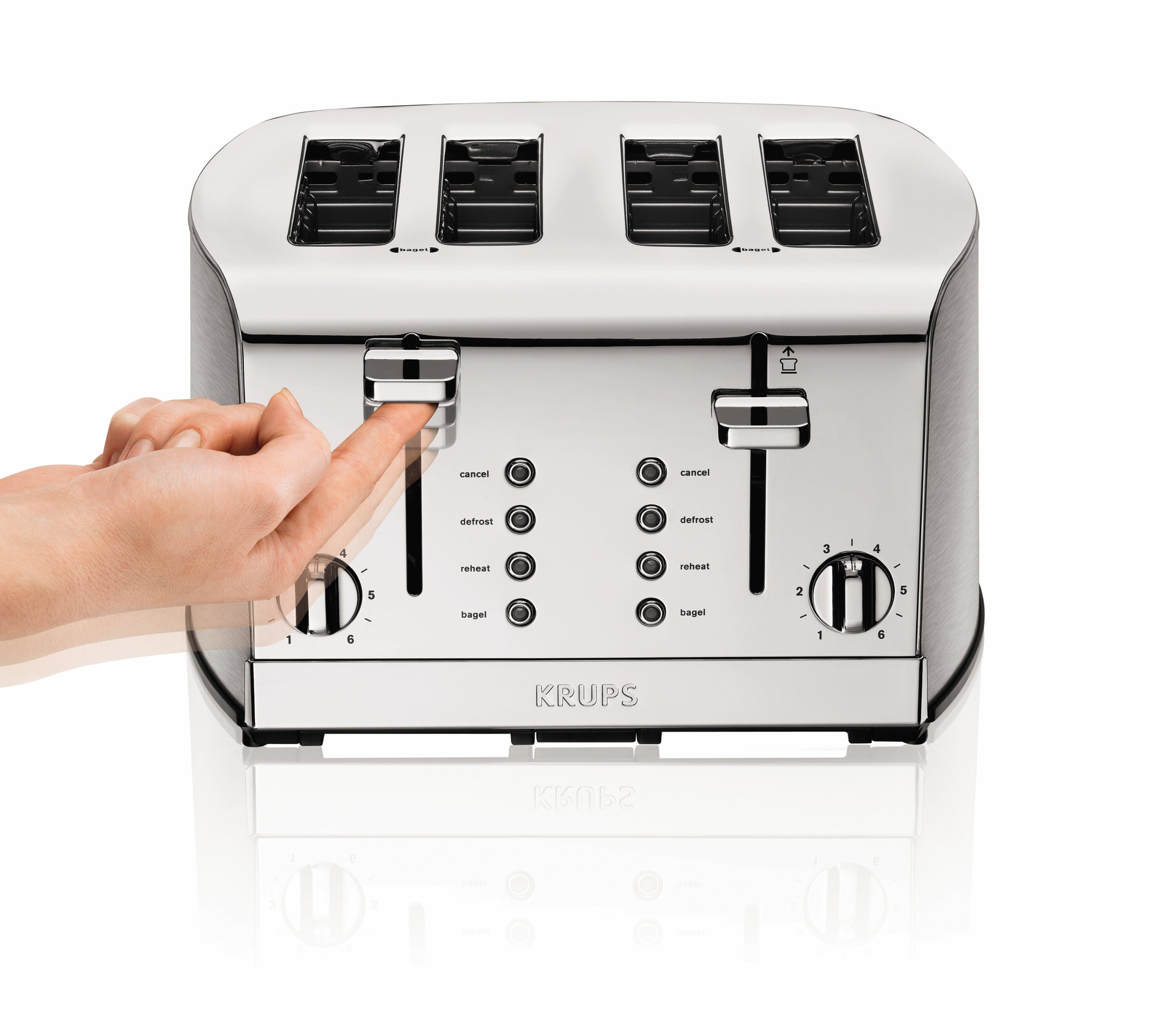 KRUPS: Breakfast Set Stainless Steel Toaster 4 Slice 1500 Watts 6 Brown Settings, Defrost, Reheat, High Lift Lever Silver, Matte and Chrome