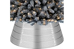 LOISVI Christmas Tree Collar, 28'' Metal Christmas Tree Collars for Artificial Trees, 5-Panel Tree Skirt Collar with 33 Ornament Hooks, Silver Xmas Tree Base Collar for 4Ft to 8Ft Tree Christmas Decorations