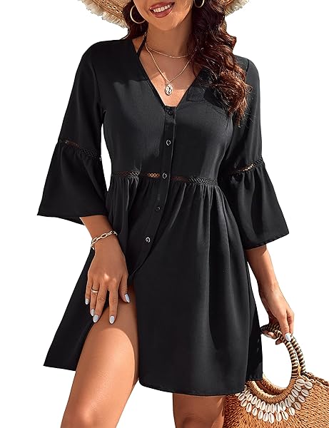 Womens Swimsuit Cover Up Button Down Collar Loose Casual Bathing Suit Beach Shirt Dress (Peacock