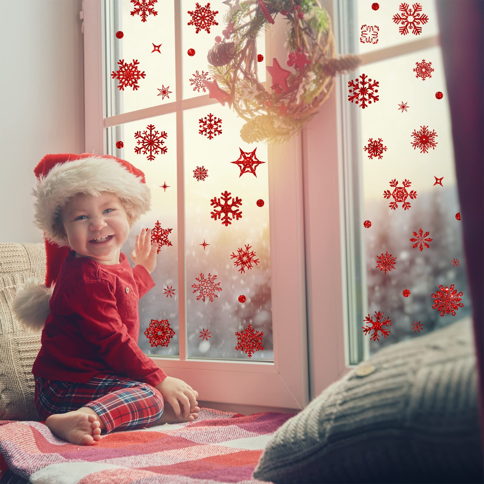 Fassory 93 Pcs Glittering Red Snowflake Window Stickers, Reusable Christmas Static Cling Window Stickers Decals (Red)