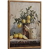 Vintage Lemon Canvas Wall Art Farmhouse Kitchen Painting Pictures Yellow Lemon Still Life Wall Decor Antique Fruit Posters Prints for Kitchen Dining Desktop Wooden Framed