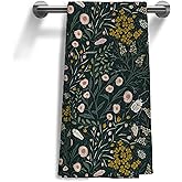 WOOGCHEIR Vintage Dark Green Floral Kitchen Towels,Wildflower Floral Hand Towels 16x24 Inch, Retro Botanical Farmhouse Seasonal Decorative Towel for Bathroom Kitchen