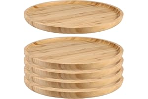 JOIKIT 5 Pack 8 Inch Bamboo Round Platter, Fine Polished Bamboo Serving Tray for Holding Fruit, Bread, Cheese, Nut, Coffee, T
