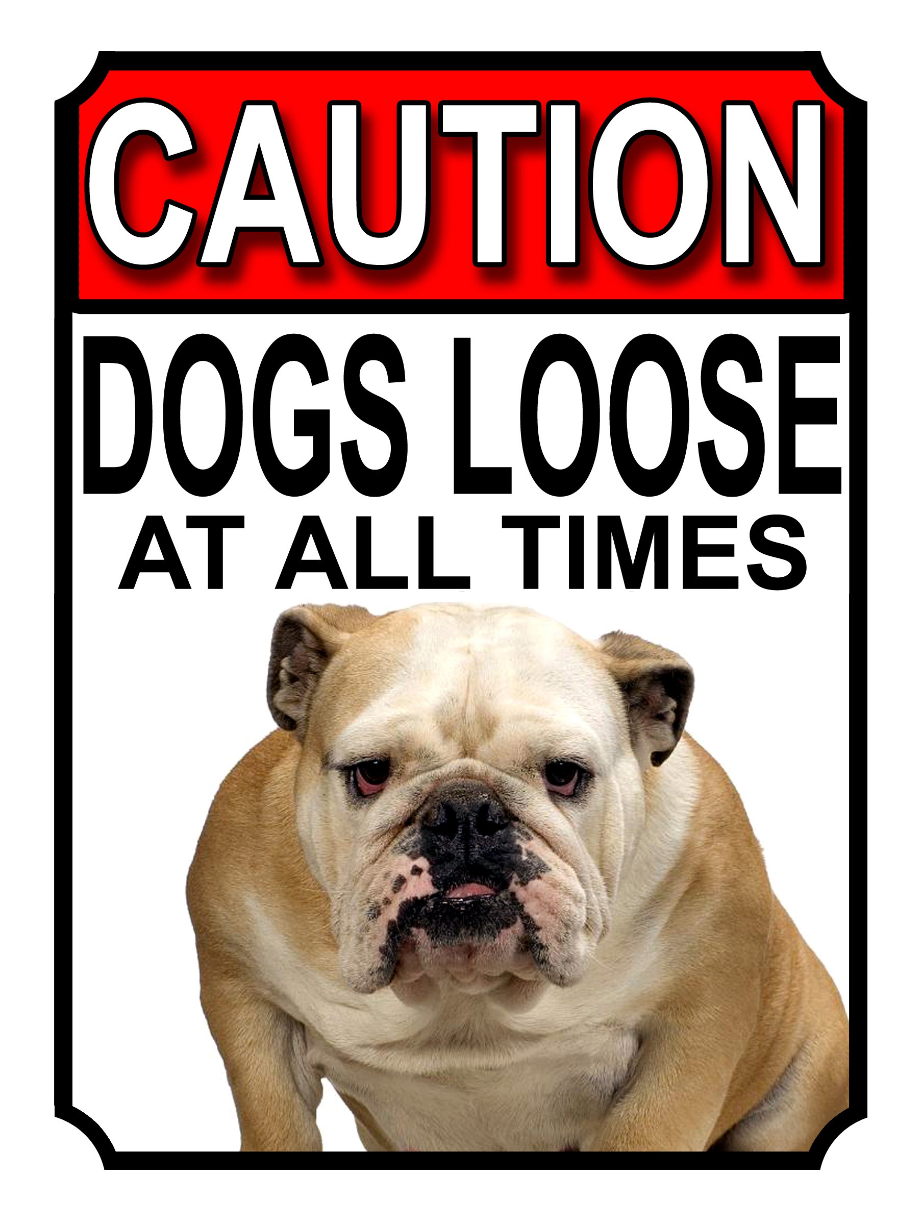 SHAWPRINT CAUTION DOGS LOOSE AT ALL TIMES METAL GATE SIGN BULLDOG 200MM X 150MM (1185H1) โ image 1