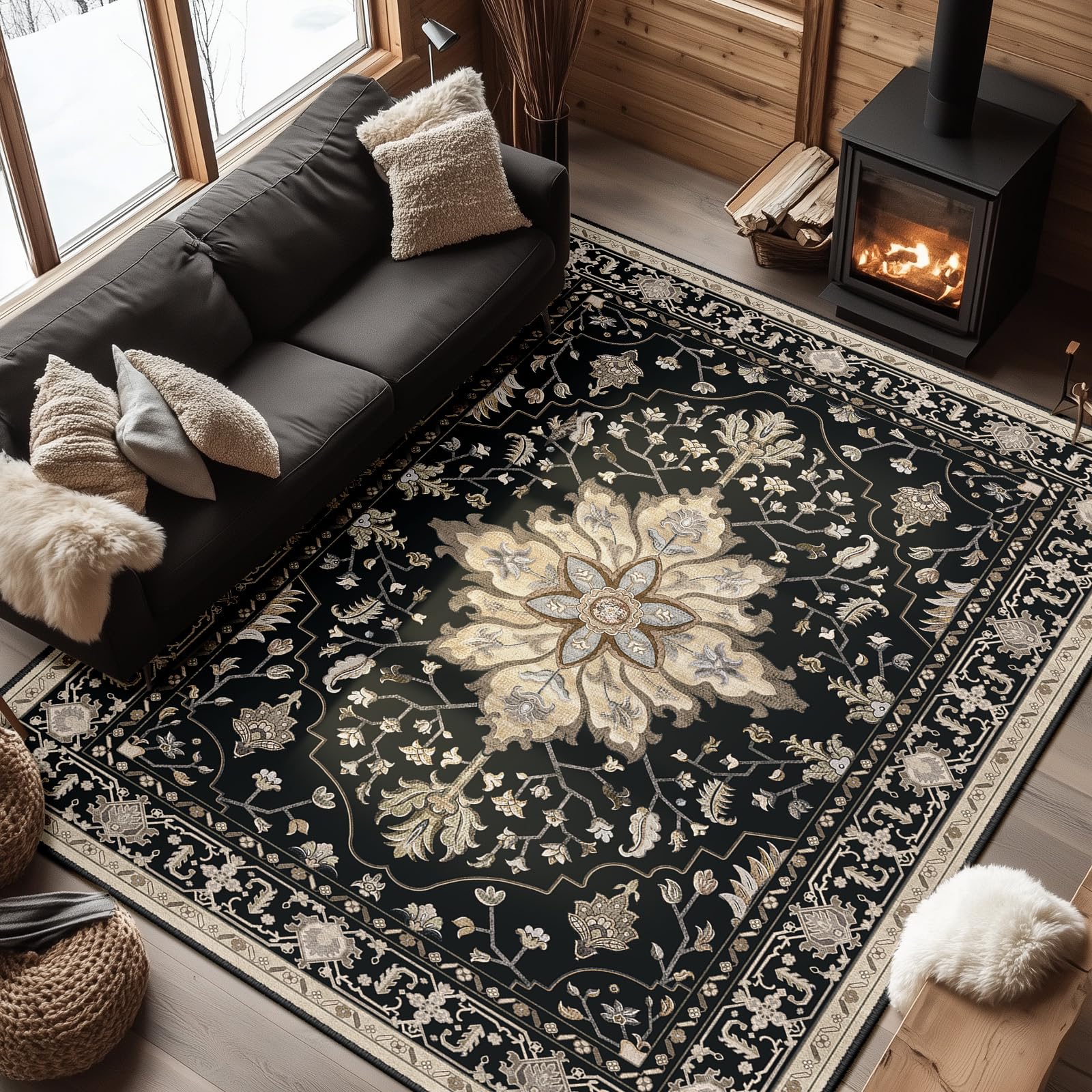 RELEANY Area Rugs 6'x9' Washable Non-Slip, Floral Vintage Distress Print Pattern Medallion Carpet for Living Room Bedroom Dining Room, Black Brown Neutral Dark Tan Image