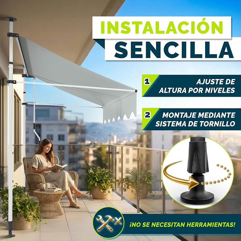 Toldo de gancho Tillvex 250 cm gris claro con manivela manual para balcón | Toldo para balcón sin perforación | Toldo resistente a los rayos UV y ajustable en altura | Protección solar impermeable