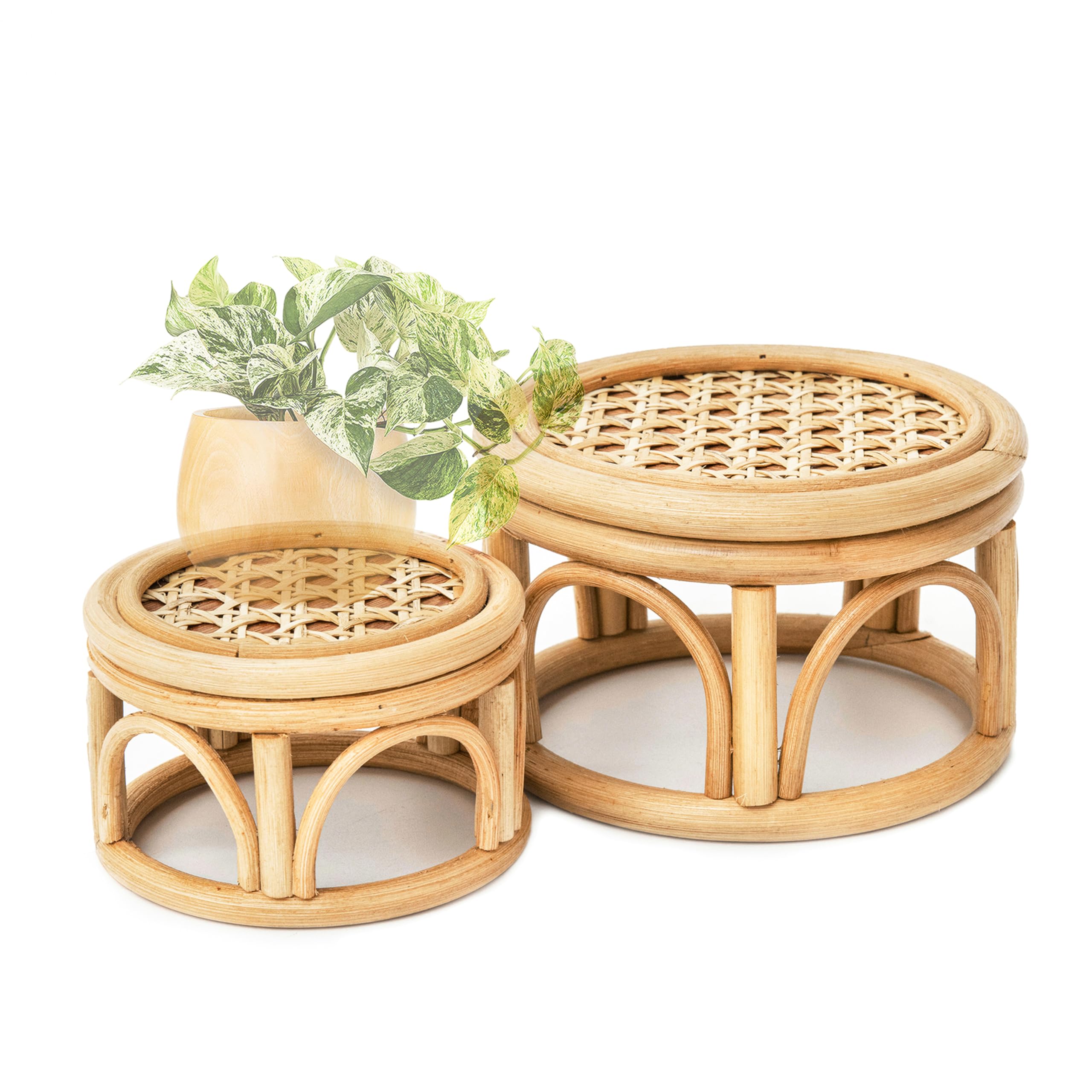 Photo 1 of Set of 2 Small Boho Rattan Wicker Round Riser Plant Stand Indoor,Rustic Farmhouse Natural Wooden Circle Pedestal for Decor & Display, Tabletop, Office Decor