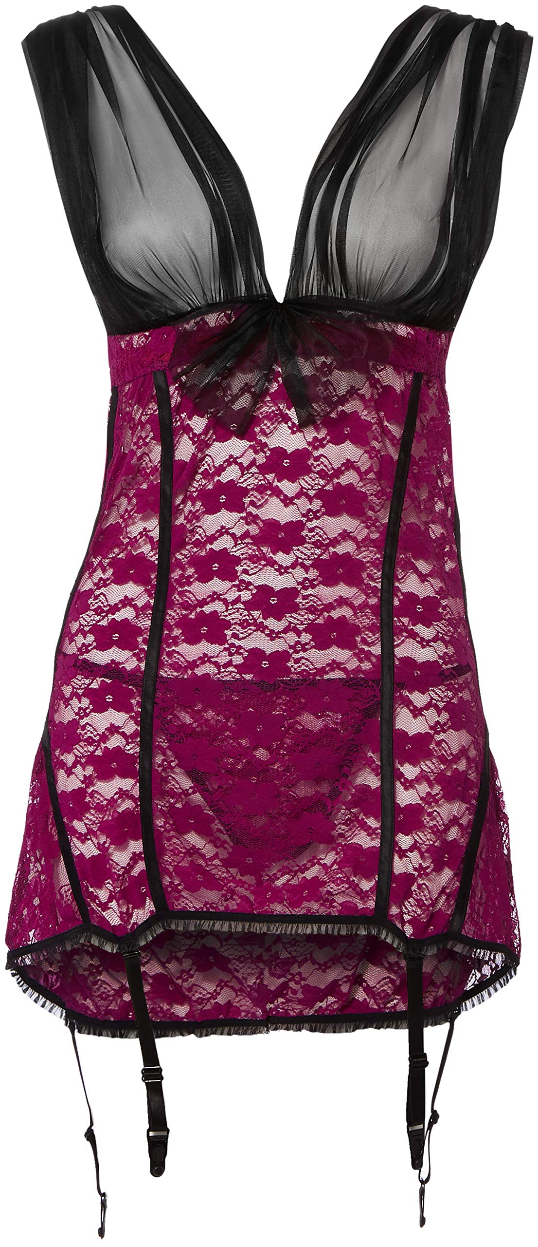 Shirley of Hollywood Stretch Lace and Denier Chemise, Number X25235, 3X-Large, Magenta/Black