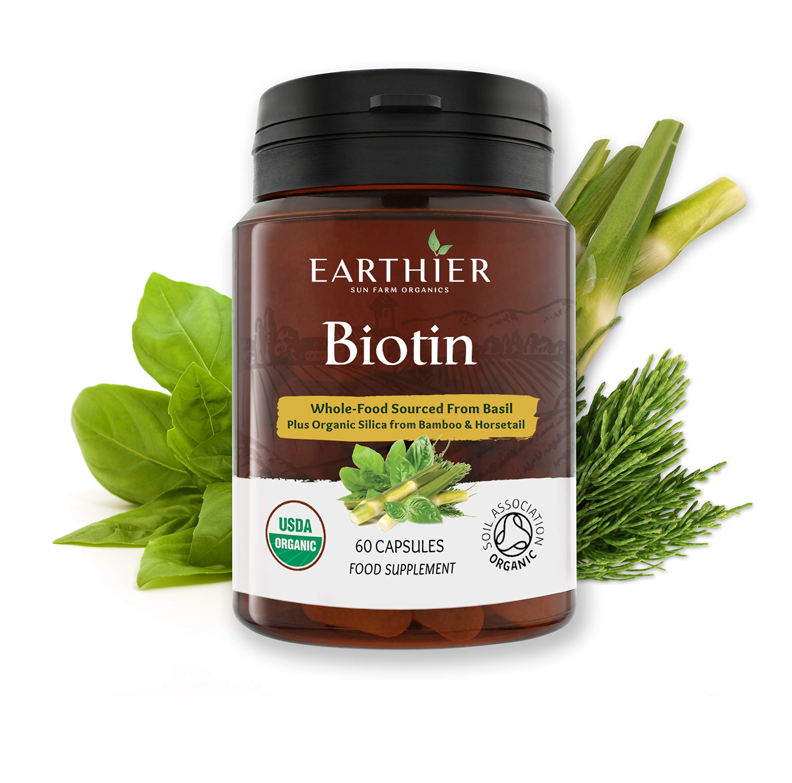Organic Biotin Plus Silica - Hair - Nails - Whole Food Supplement - 1 Month Supply - Certified by Soil Association