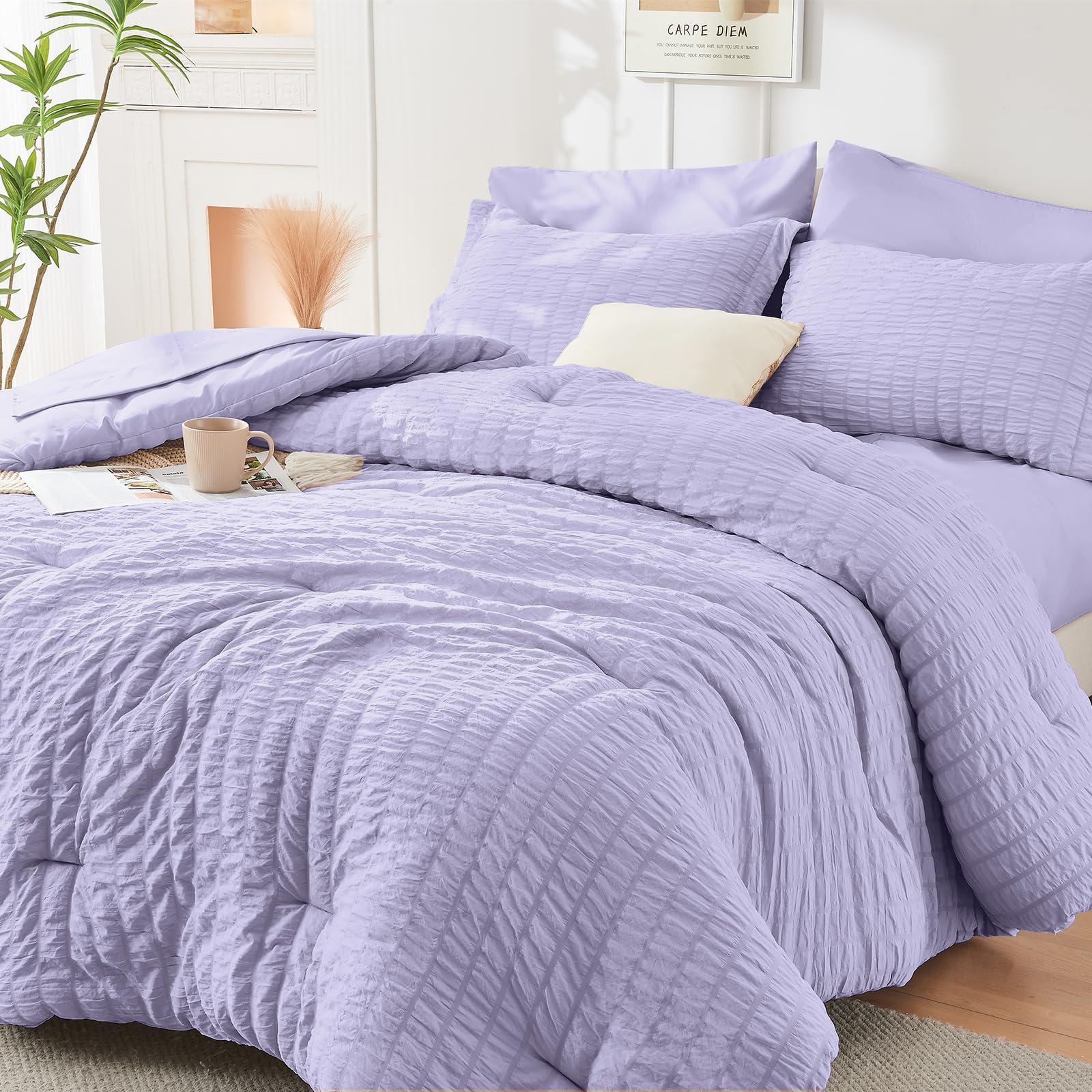 HYMOKEGE Light Purple California King Comforter Set Seersucker 7 Pieces, All Season Luxury Bed in a Bag for Bedroom, Bedding Set with Comforter, Sheets, Pillowcases & Shams Image