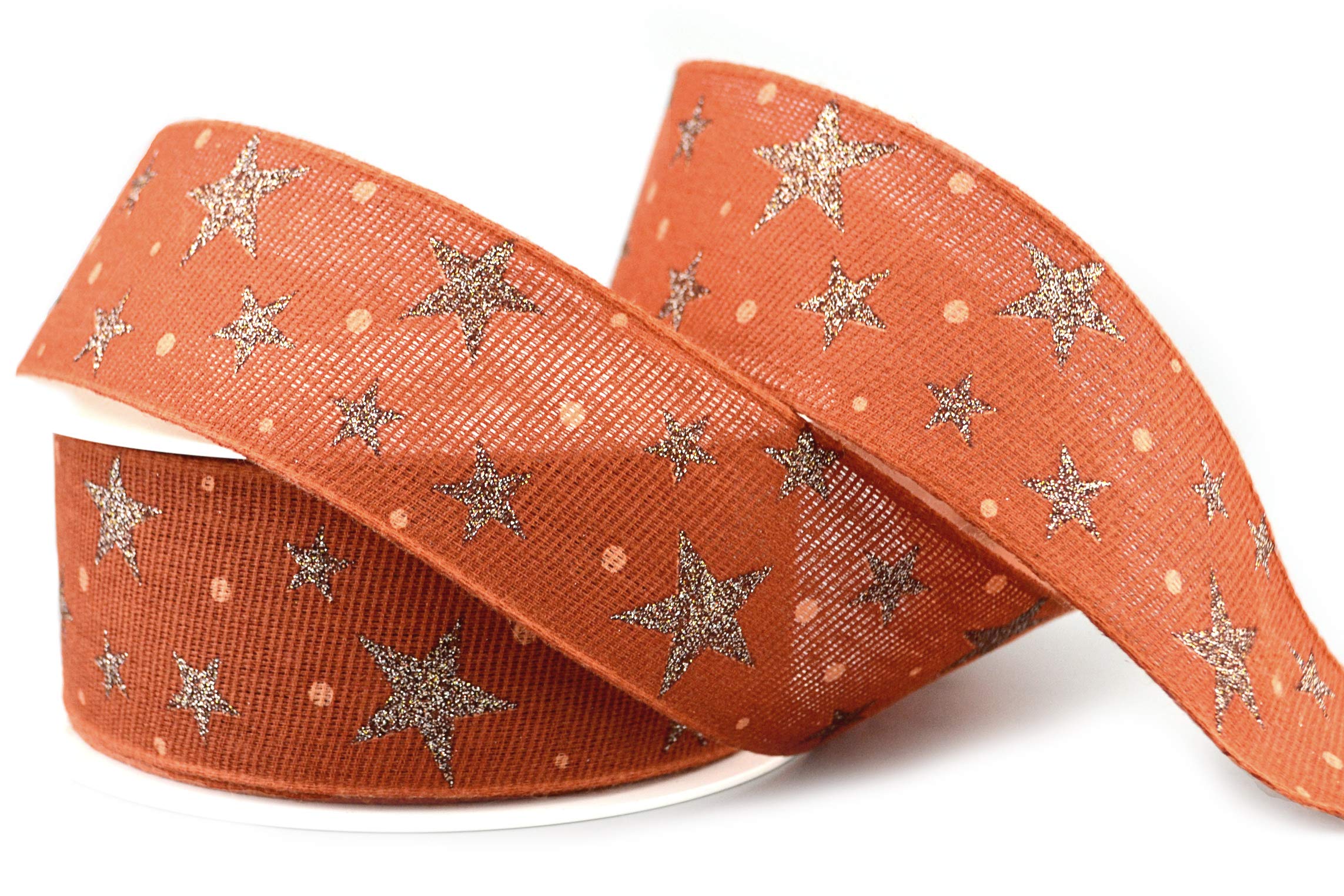 Decorative Ribbon Stars Cotton Copper Terracotta Sustainable Natural Friendly Biodegradable Ribbon Christmas Winter Stars Glitter Shine 20 m x 40 mm