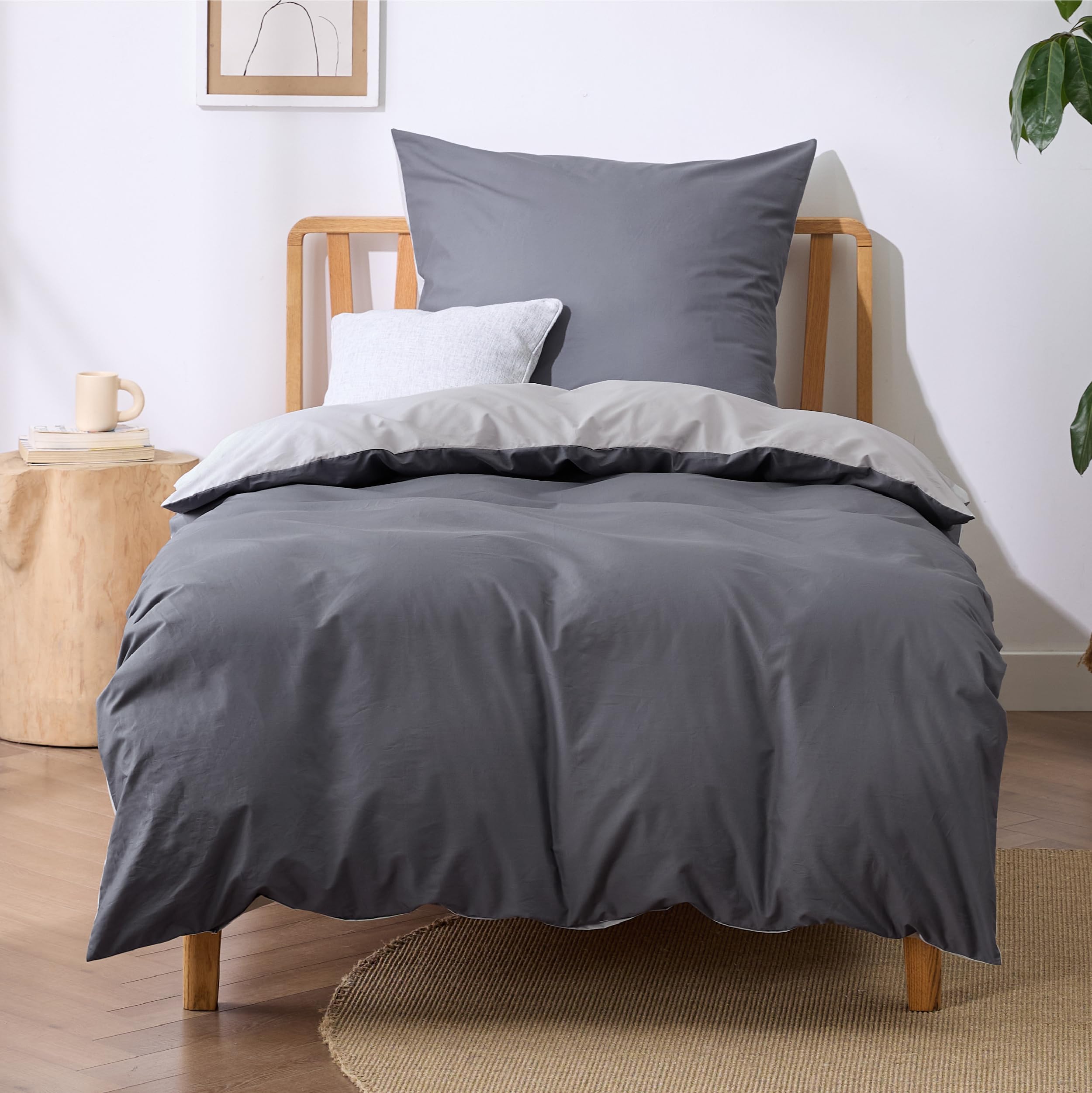 BEDSURE Bettwäsche 135x200 Dunkelgrau Grau - Baumwolle Bettwäsche-Sets 135 x 200 cm Wendebettwäsche 2teilig mit Kissenbezug 80x80 cm, Oeko-TEX Zweifarbiger Bettbezug mit Reißverschluss