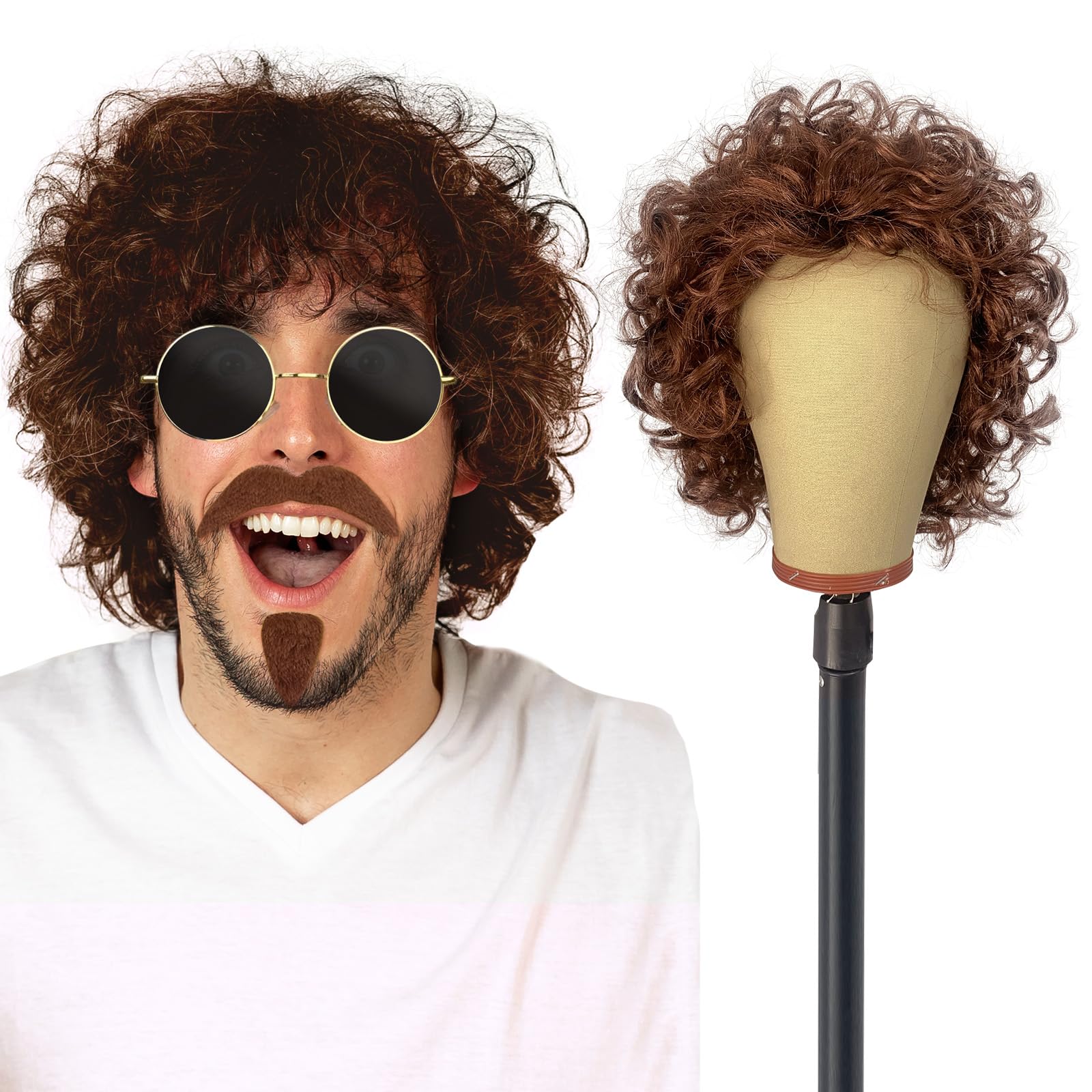 UILYNIU Brown Curly Wig Men with Moustache and Sunglasses Brown Wig for Men Curly Hair Men’s Afro Wig, 60s 70s 80s Fancy Dress Wigs Pop Hippy Wigs for, Rock for Costume Party