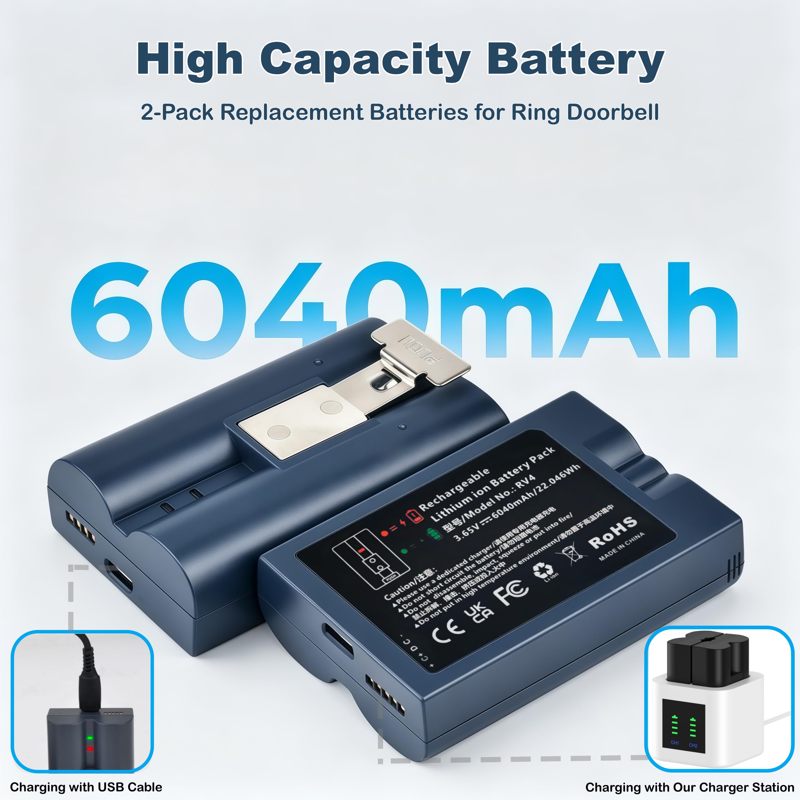 6040mAh Akku mit Ladegerät für Ring Video Doorbell 2/3/3 Plus/4, Spotlight Cam, Stick Up Cam und Peephole Cam Indoor 5