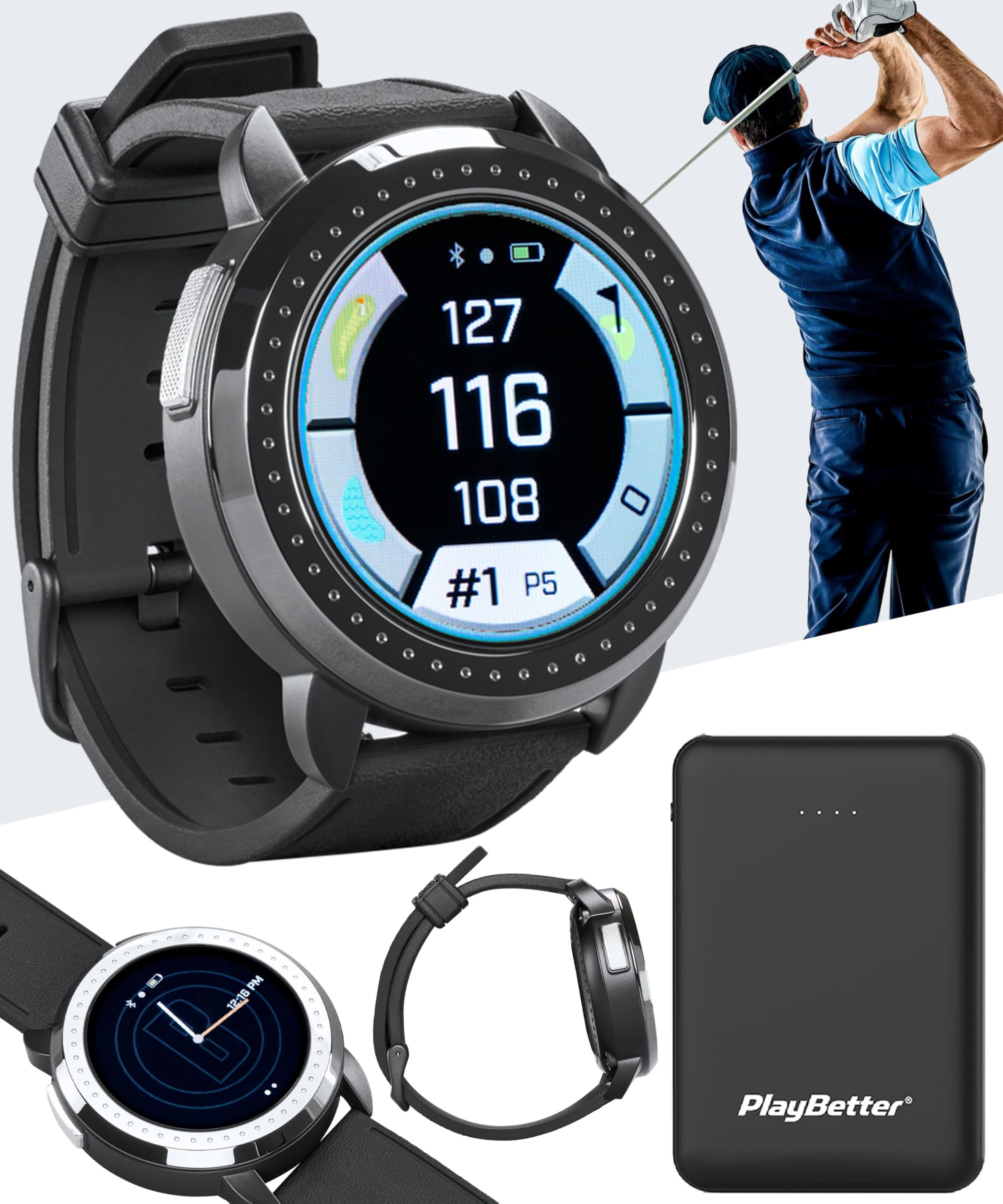 Bushnell iON Elite (Black) Golf GPS Watch Bundle - Color Touchscreen Smartwatch with 12+ Hours Battery Life, 38K Courses & Slope Distances with PlayBetter Portable Charger & Screen Protectors