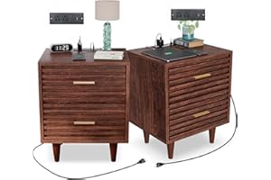 ALOHAPPY Night Stand with Charging Station Set of 2, Side Table with 2 Drawers, Mid Century Modern End Table with Storage, Wood Bedside Table with USB Ports and Outlets, Nightstand for Bedroom, Brown 2PCS