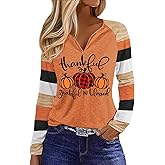 Fall Pumpkin T Shirts for Women Thanksgiving Halloween Pumpkin Graphic Tees Spriped Splicing Long Sleeve Shirt Tops