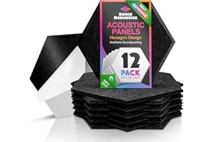 Sonic Acoustics Self-Adhesive 12 Pack Hexagon Acoustic Panels, 14" X 12" X 0.4" High Density Sound Absorbing Panels Sound Proof Insulation Beveled Edge Studio Treatment Tiles-Black