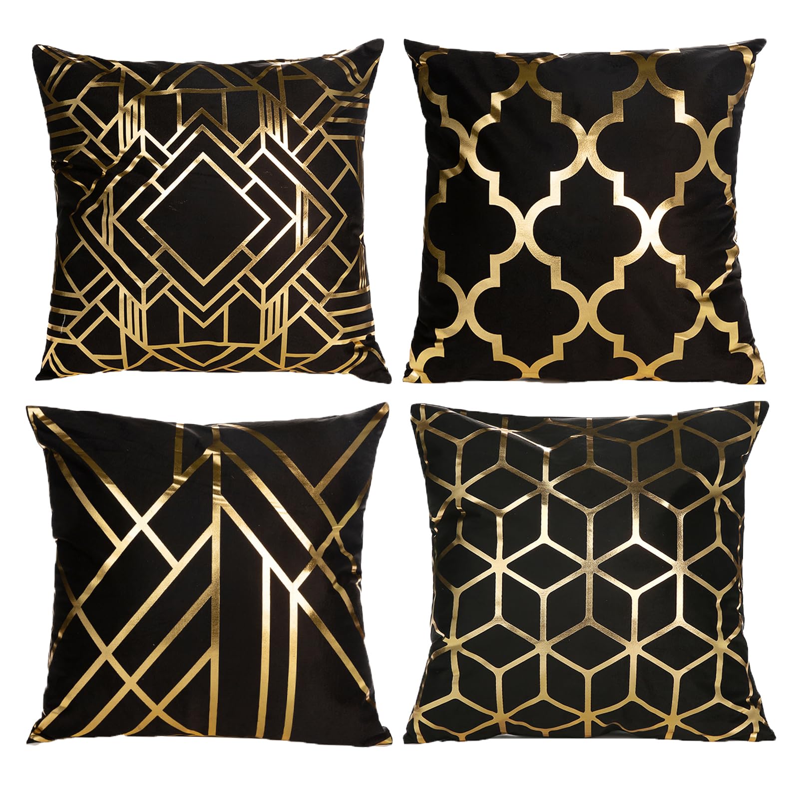HOSTECCO Black and Gold Cushion Covers 45x45 cm Pack of 4 Geometric Pillow Cases Square Modern Decorative Throw Pillow Covers for Sofa Couch Car Office