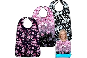 TaoTazon Adult Bibs,3 Packs Cherry Blossom Adult Bibs for Women Eating Washable with Crumb Catcher (Black Pink 3 pack)
