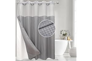VIUOON No Hook Waffle Weave Shower Curtain with Snap-in Fabric Liner Set, Hotel Style with See Through Top Window, 230GSM Heavy Duty Fabric, Waterproof & Washable for Bathroom, 71W x 74H, Gray