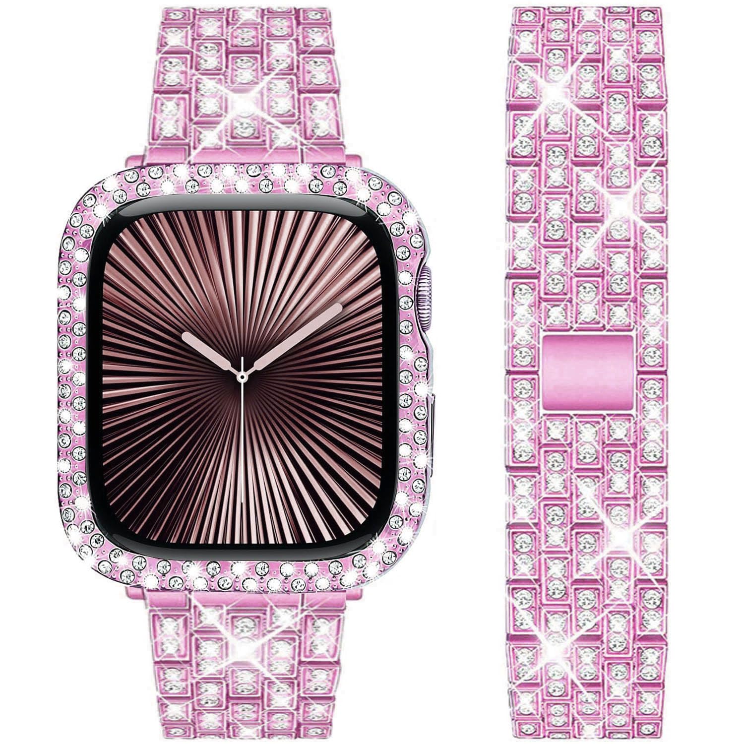 DEALELE Starp and Case Compatible with Apple Watch Series 10 42mm, Bling Rhinestone Diamond Metal Bracelet with Protective Case Cover Replacement for iWatch 10 42mm Women Men (42mm, Pink)