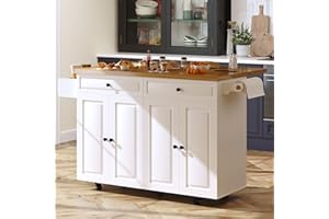 COCO DESIGN 60" Rolling Kitchen Cart with Power Strip & Drop Leaf, Thick Countertop, Large Storage Cabinet & Drawers, Mobile Island with Locking Wheels, Towel Rack and Spice Rack for Kitchen, White