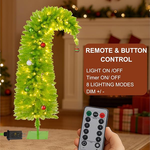 5.5FT PRE-LIT WHIMSICAL ARTIFICIAL CHRISTMAS TREE WITH 150 LED LIGHTS & COLORFUL BALLS, XMAS TREE WITH 8 LIGHTING MODES TIMER REMOTE CONTROL & METAL STAND FOR OFFICE HOME DECOR INDOOR