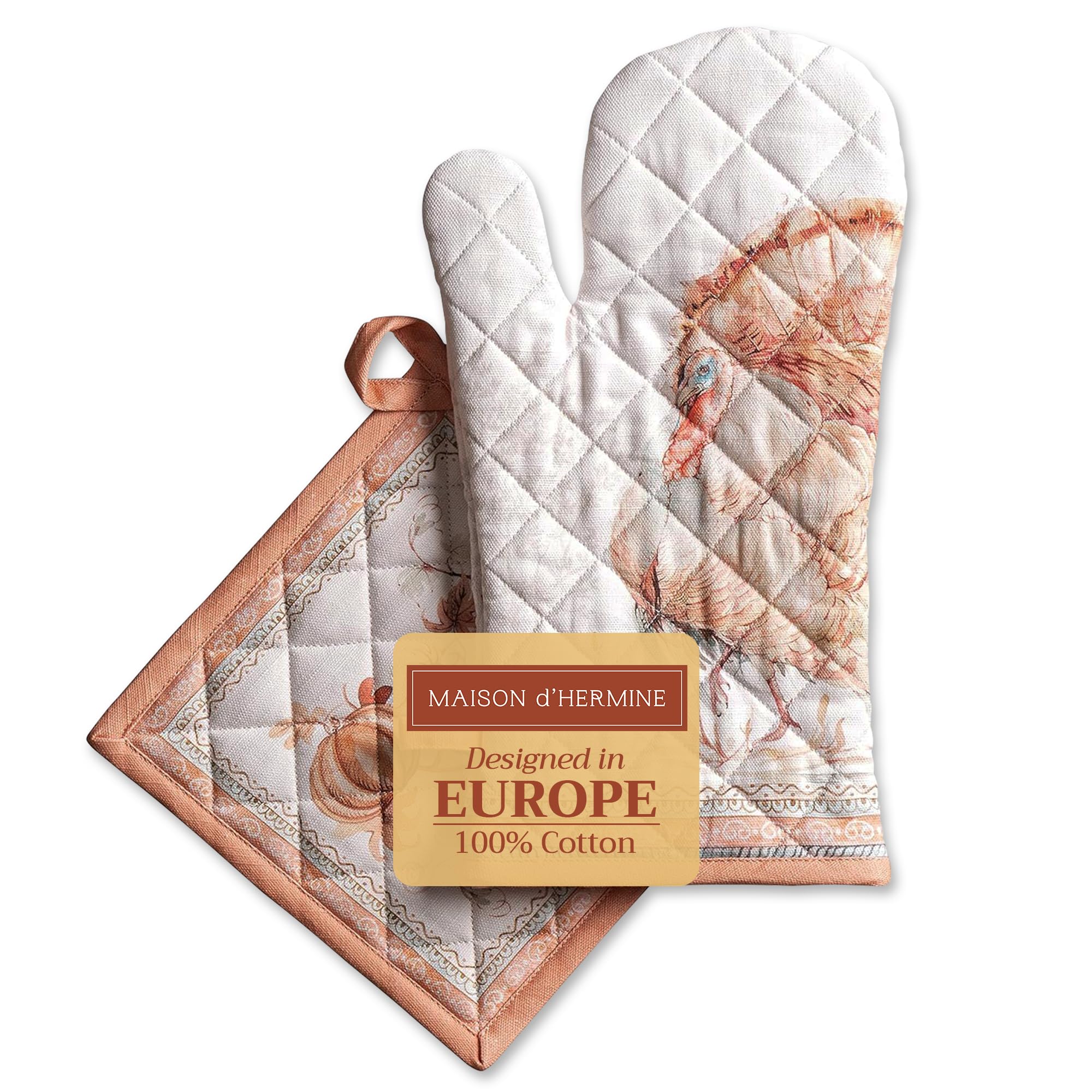 Maison d' Hermine 100% Cotton Oven Mitt & Pot Holder Set (19 x 33 cm & 20 x 20 cm) Heat Resistant BBQ Cooking Gloves with Loop for Christmas Decorations Baking Handling Hot Pans (Giving Thanks)