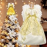 16 Inch Angel Tree Topper, Large Christmas Tree Topper Angel with Lights Decorations Battery-Powered Angel Ornaments for Christmas Tree with Feather Wings Xmas Tree Toppers Indoor Decorations-Gold