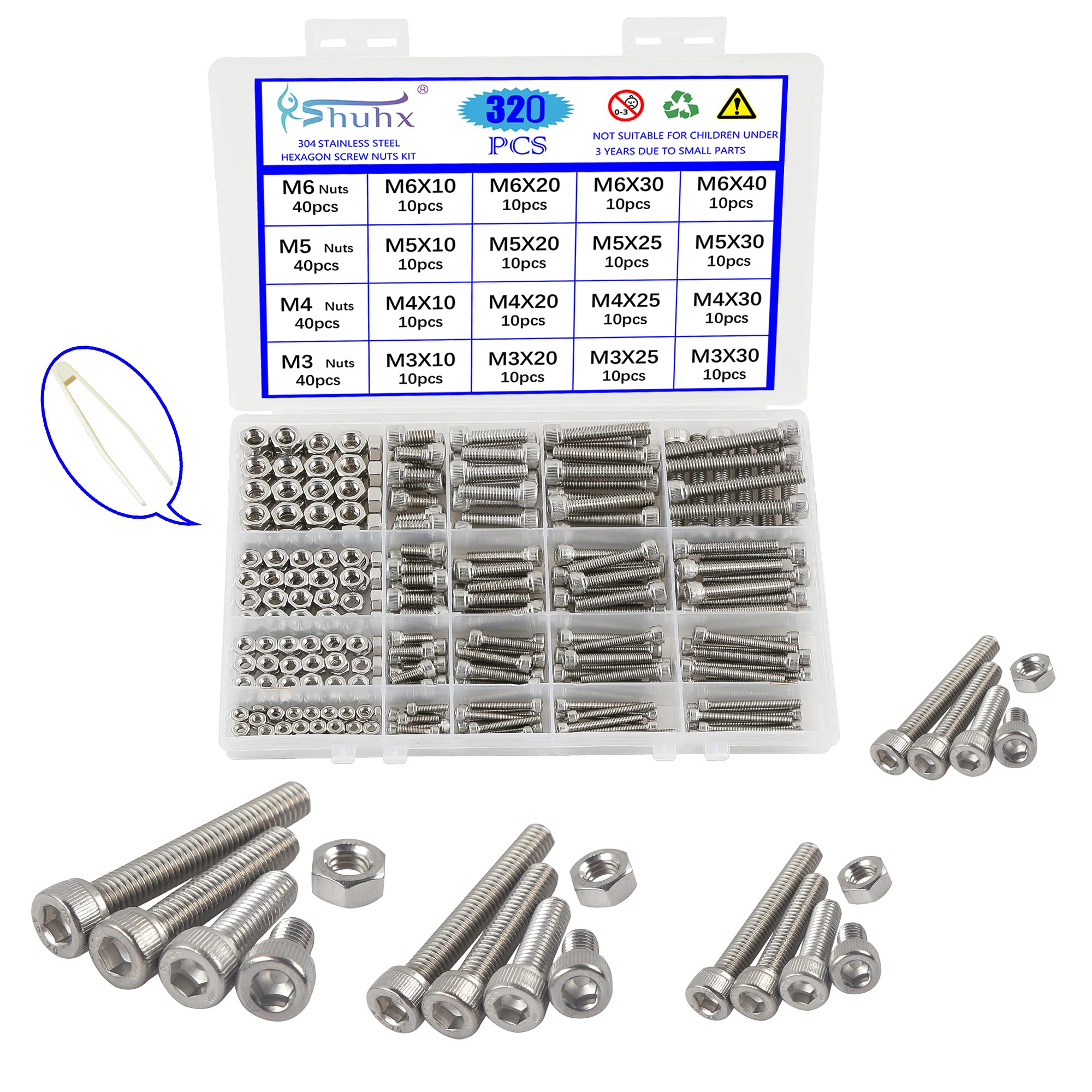 Rshuhx M3 M4 M5 M6 Nuts and Bolts Hexagon Socket Head Cap Screws 304 Stainless Steel Mechanical Hex Socket Screws Assortment Kit 320PCS with Storage Box For DIY Bicycle Motorcycle Repair — image 1