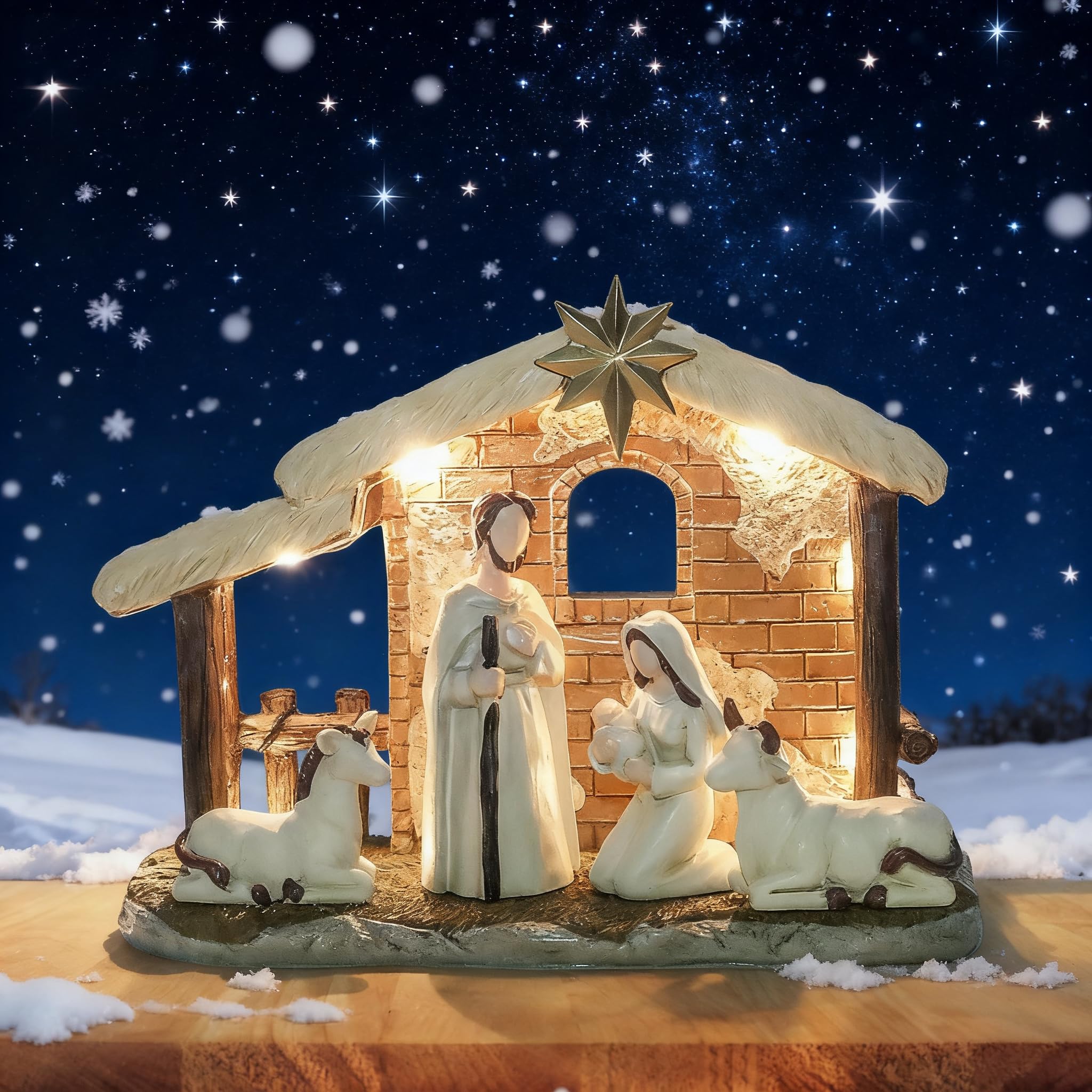 Topsky Handmade Christmas Nativity Scene Decoration - Resin Christmas Nativity Set with Light - Nativity Xmas Tabletop Scenes & Birth of Jesus Decor for Family Friends and Christians