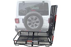 ECOTRIC Hitch Mount Wheelchair Carrier with Mobility Ramp for Wheelchair Scooter Lawn Mower Snow Blower Hauler 500lb Capacity