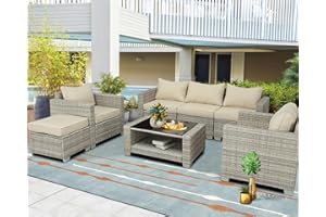 Furnimy 7 Pieces Outdoor Furniture Patio Furniture Sets Conversation Sets Balcony Furniture Outdoor Sectional for Outdoor Indoor Backyard Lawn Garden Porch Poolside (Gray-Beige)