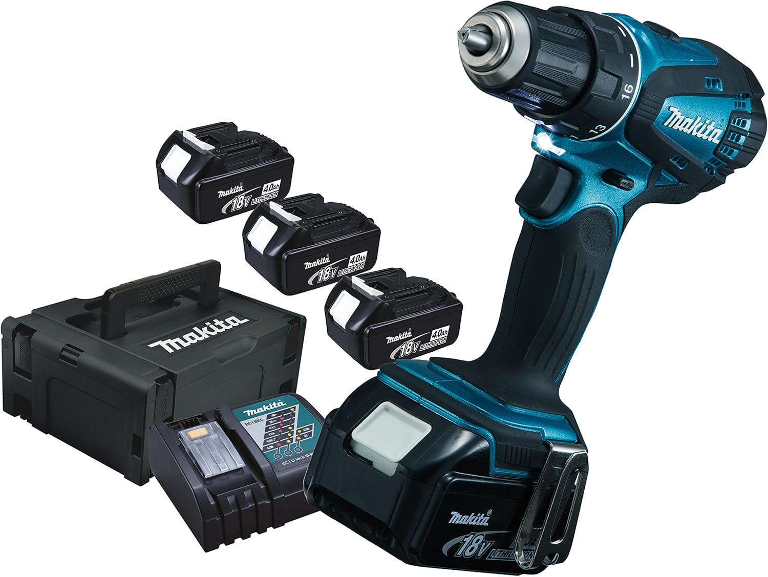 Makita Akku-Bohrschrauber 18 V, 4,0 Ah mit 3 Akkus und Ladegerät im schwarzen Makpac, DDF456SP1J ...