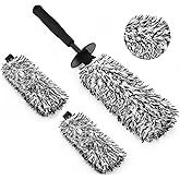 YeewayVeh 3PCS Wheel Cleaning Brush, Microfiber Flat Wheel Rim Cleaner Brush with 2 Extra Replaceable Cover, Car Cleaning Brush Kit for Wheels Tire Fenders Engine Exhaust Tips, Black&White