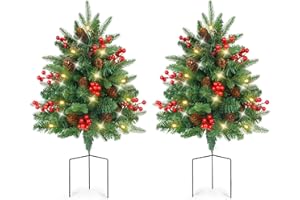 XmasExp Set of 2 Outdoor Christmas Tree with Lights Small Planter Bushes Battery Operated Artifical Urn Filler Outside Christmas Decorations for Front Porch,Yard,Pathway