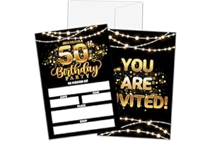Qinkel 50th Birthday Invitations, Birthday Party Invitations For Women Men, 50 Year Old Birthday Invites, Black Gold Birthday Party Decorations Favors, 20 Invitations with 20 Envelopes - C05