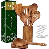 Wooden Spoons for Cooking, 9Pcs Natural Teak Wooden Utensils for Cooking Wooden Kitchen Utensils Set and Holde Cooking Utensils Set