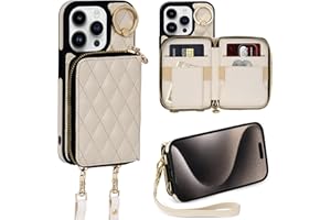 Keallce Case for iPhone 15 Pro 6.1'' Wallet Case, Crossbody Zipper Purse with Handbag Wristlet for Women, RFID Blocking Card Holders, 360° Ring Kickstand Flip Leather Cover for iPhone 15 Pro 5G, Beige