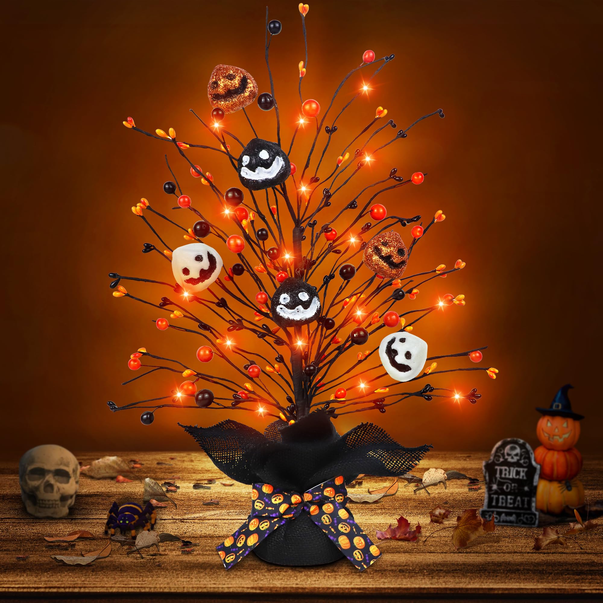 Photo 1 of Halloween Decorations, Lighted Halloween Artificial Tree with Pumpkins 20 LED Lights 18 Inch Spooky Halloween Tree Halloween Table Decorations for Home Indoor Party Holiday Decor