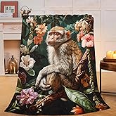 Monkey Blanket Vintage Elegant Monkey Flower Throw Blanket Soft Warm Cozy Fuzzy Plush Gifts for Girls Women Lightweight Fleece Flannel Stuff Decor Blankets for Kids Adults 50"X40"