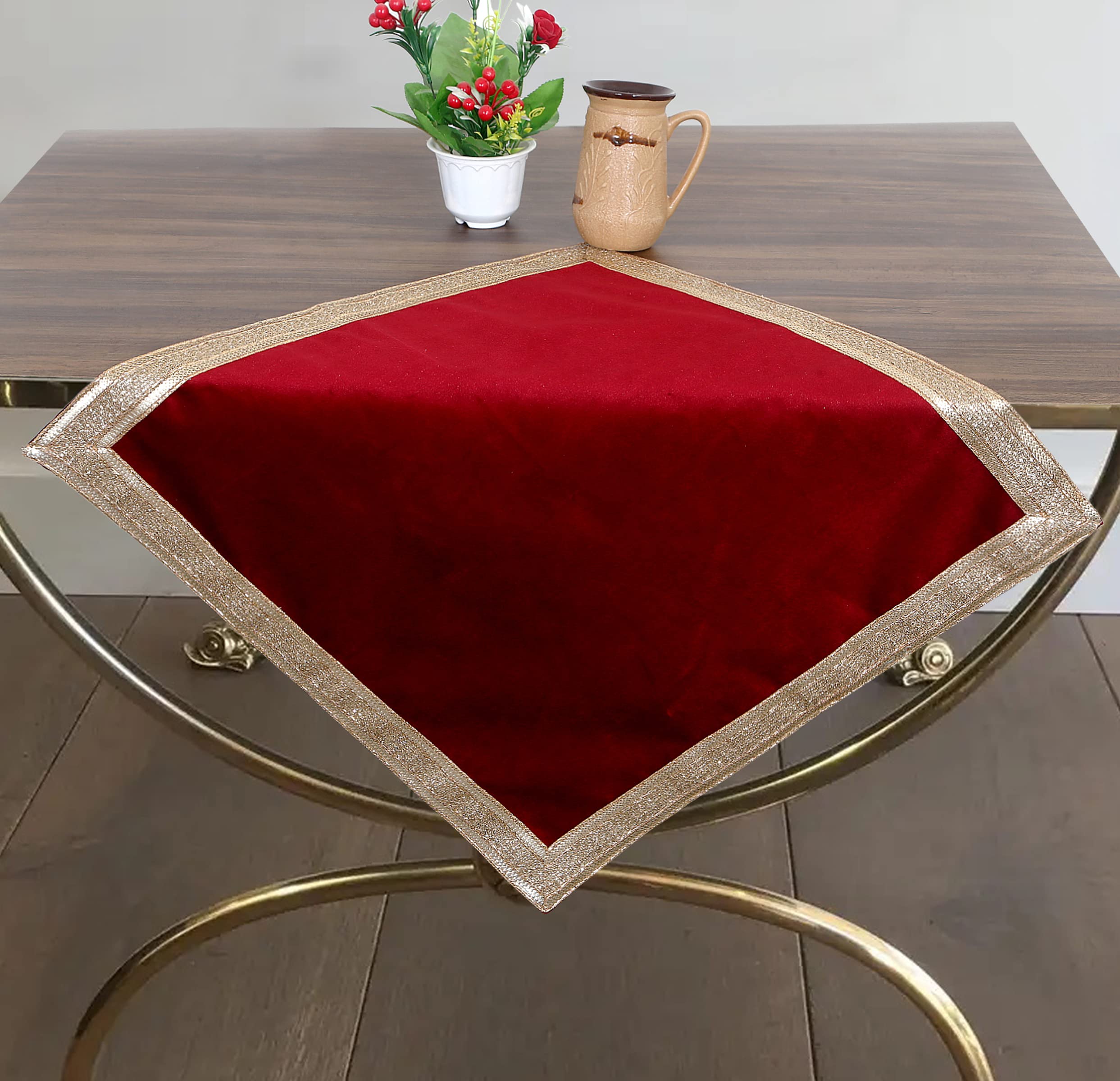 Indian Consigners Red Velvet Pooja Cloth With Golden Shinny Border - Aasan Pooja Tablecloth for Holy Square Altar