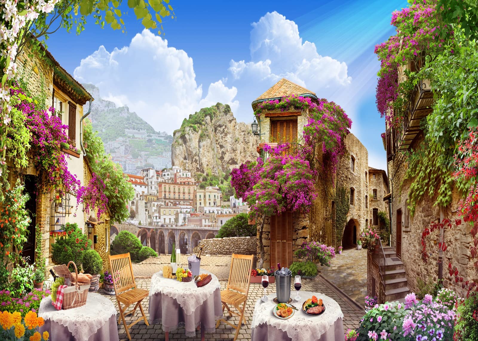 BELECO 2.1x1.5m Fabric Europe Ancient Old City Italy Photography Backdrop Tuscany Spring Floral Street Cafe Restaurant Mountain City Scenery for Italian Theme Party Decorations Portrait Photo